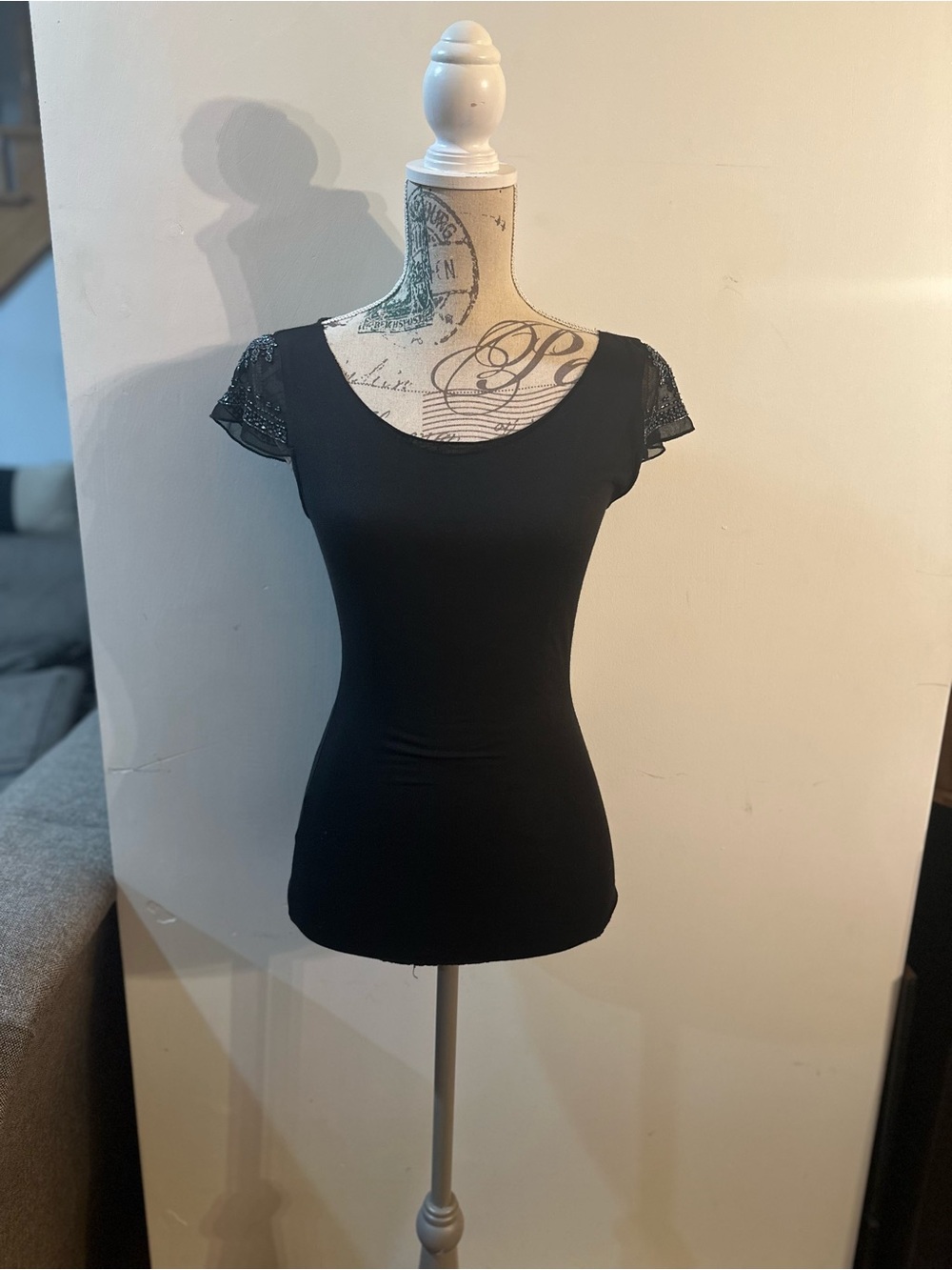 Lux Black Scoop Neck Top with Lace Cap Sleeves